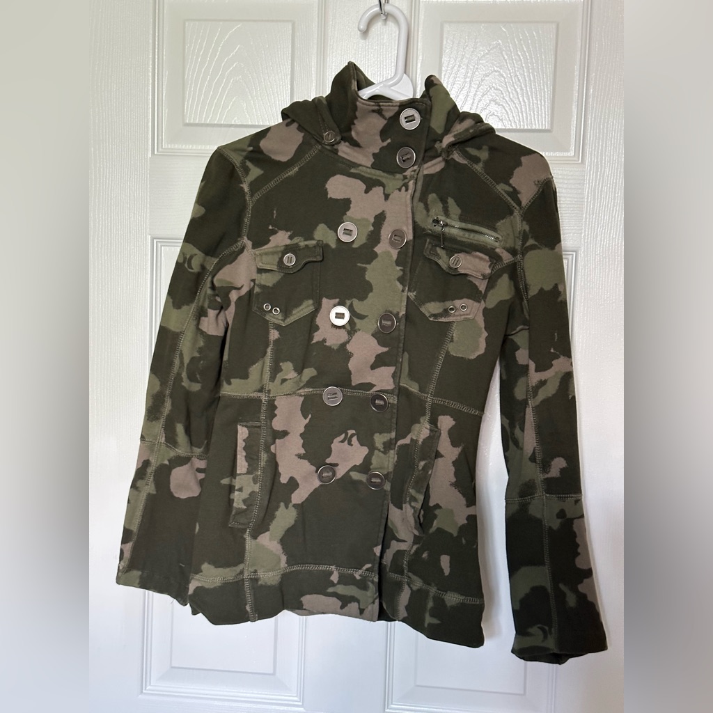 Hurley Camo Double Breasted Button Up Hooded Jacket - Juniors